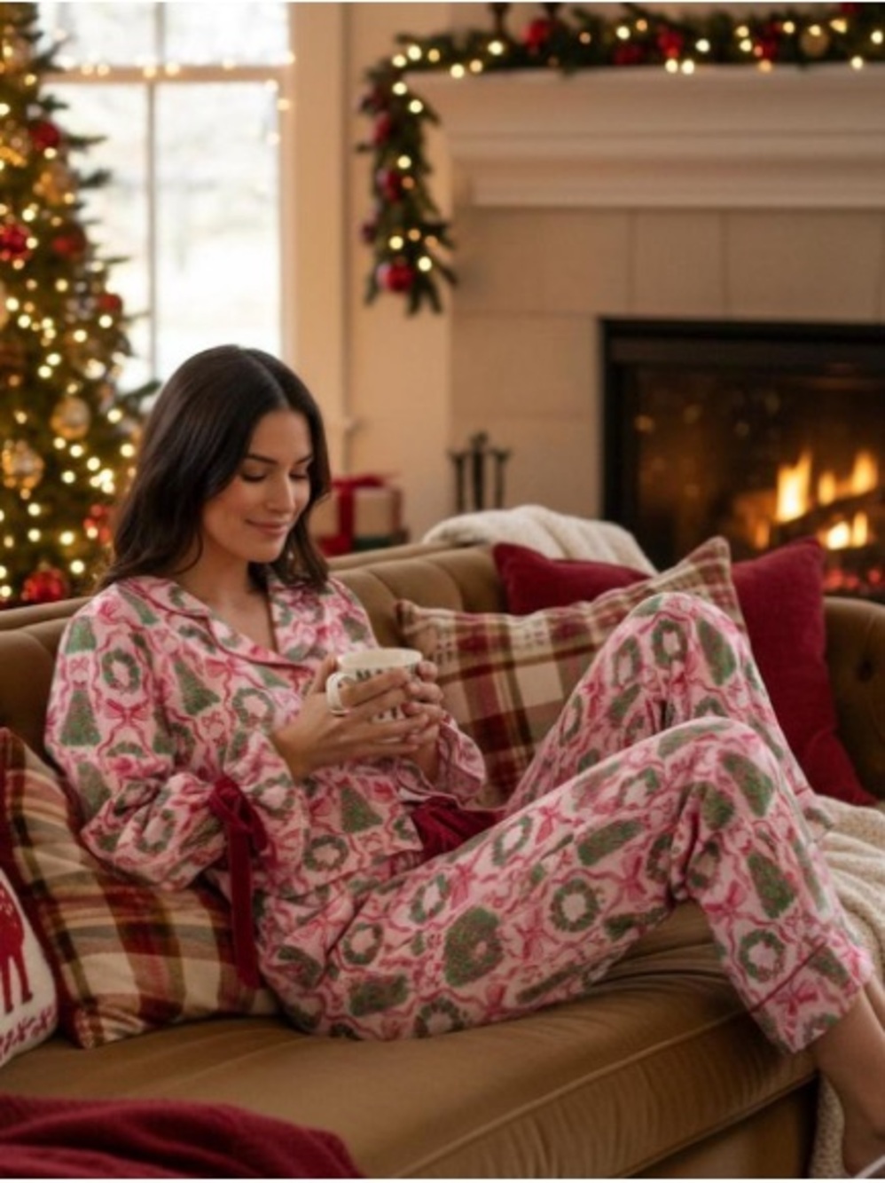 Simply Southern Pink & Green Wreath-Print Pajama Set with Red Tie Accents